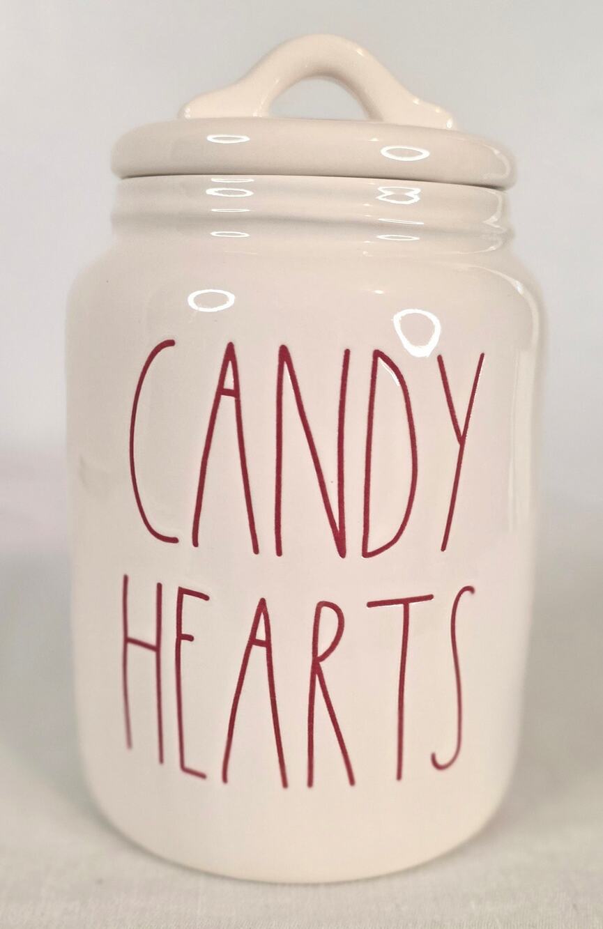 Rae Dunn Artisan Collection Candy Hearts Canister White Red 6 1/2" Farmhouse